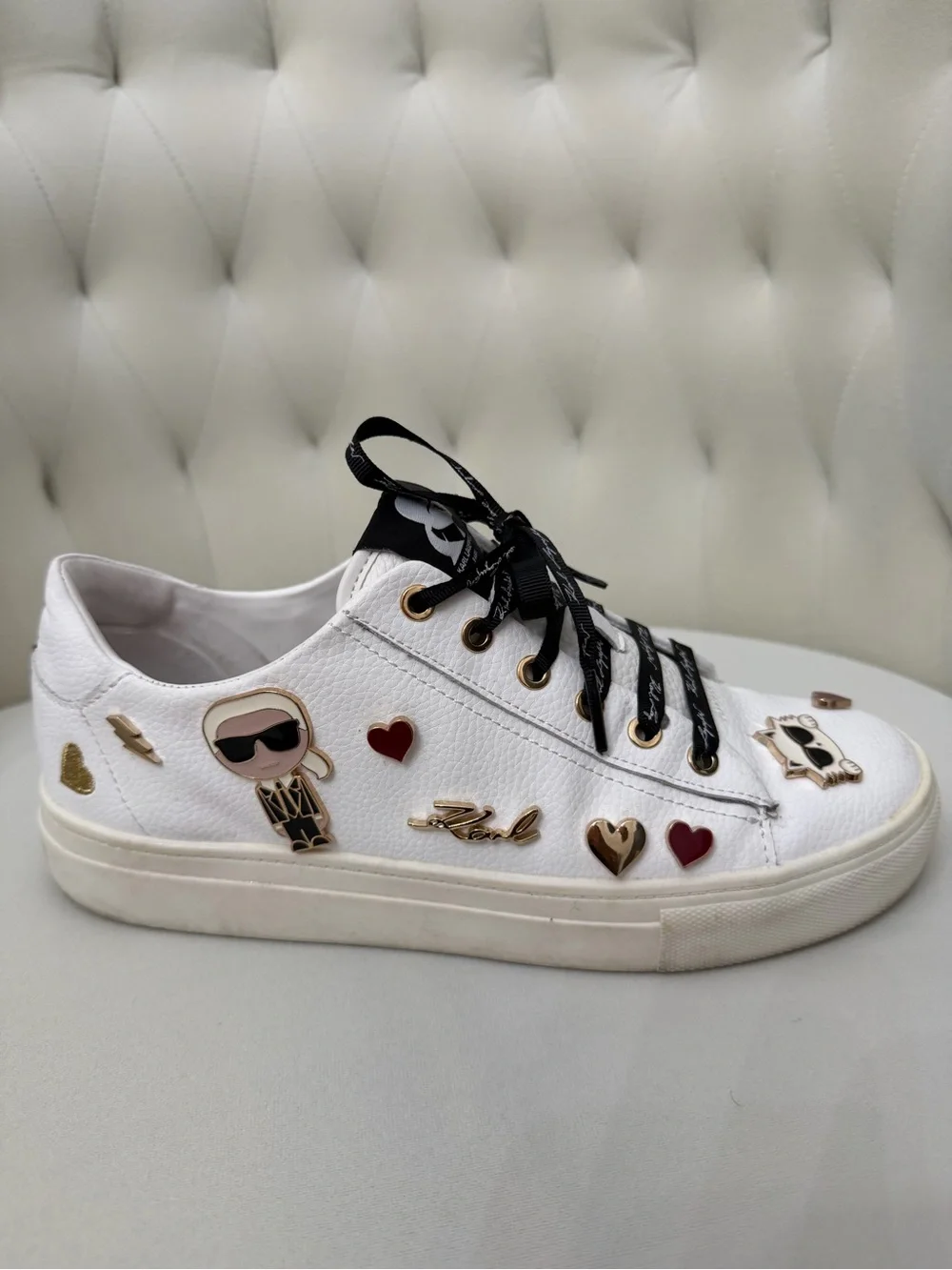Karl Lagerfeld White Sneakers with Black Ribbon Laces and Heart Studs